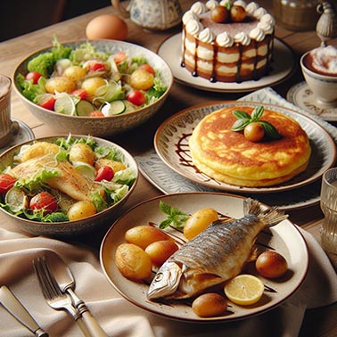 Ensalada Tortilla de patatas, pescado y Tiramisú